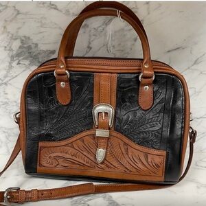 Chic Black and Brown Satchel with Silver Buckle